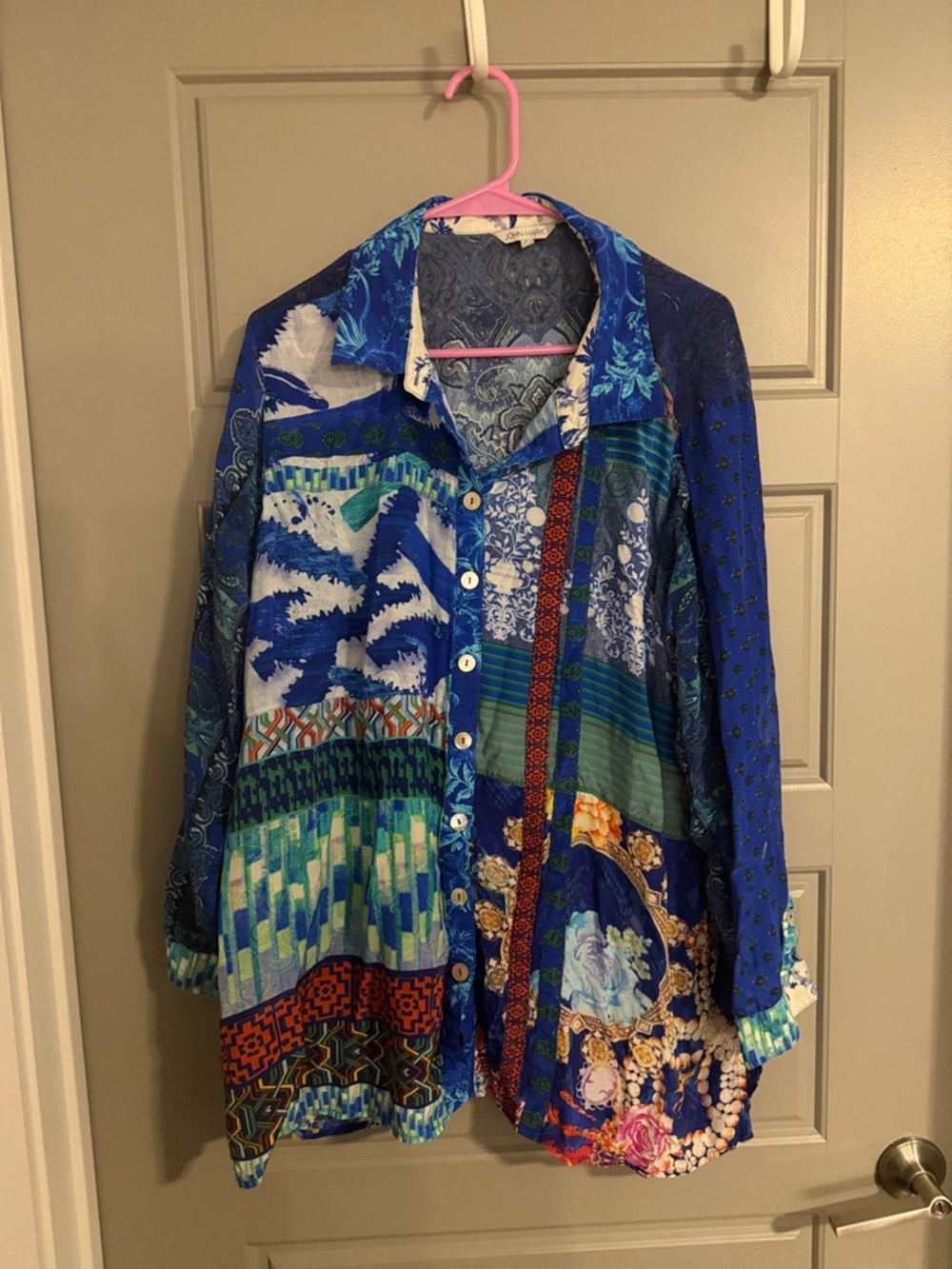 John Mark Blue Multicolor Patchwork Button-Front … - image 1